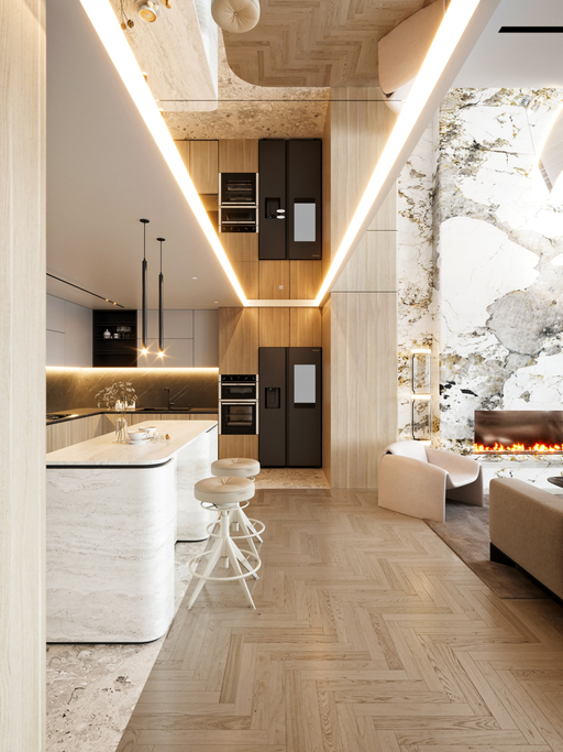 Luxury home interior, living room, kitchen